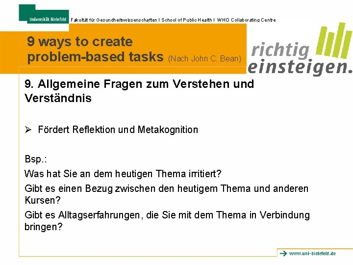 Fakultät für Gesundheitswissenschaften I School of Public Health I WHO Collaborating Centre 9 ways