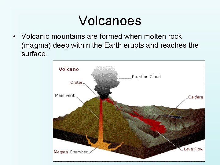 Volcanoes • Volcanic mountains are formed when molten rock (magma) deep within the Earth