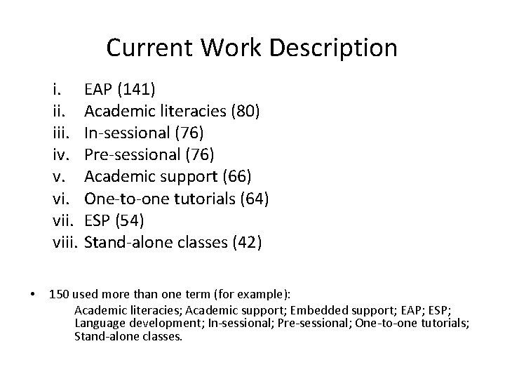Current Work Description i. iii. iv. v. viii. • EAP (141) Academic literacies (80)