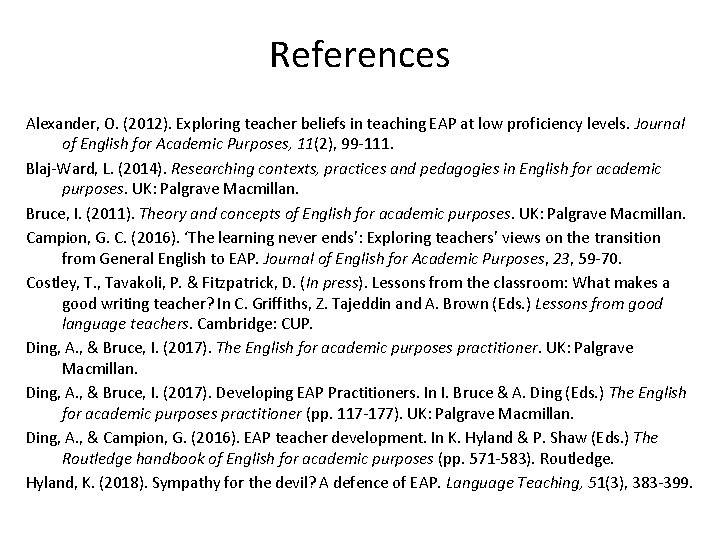 References Alexander, O. (2012). Exploring teacher beliefs in teaching EAP at low proficiency levels.