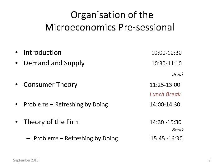 Organisation of the Microeconomics Pre-sessional • Introduction • Demand Supply 10: 00 -10: 30