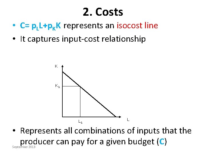 2. Costs • C= p. LL+p. KK represents an isocost line • It captures