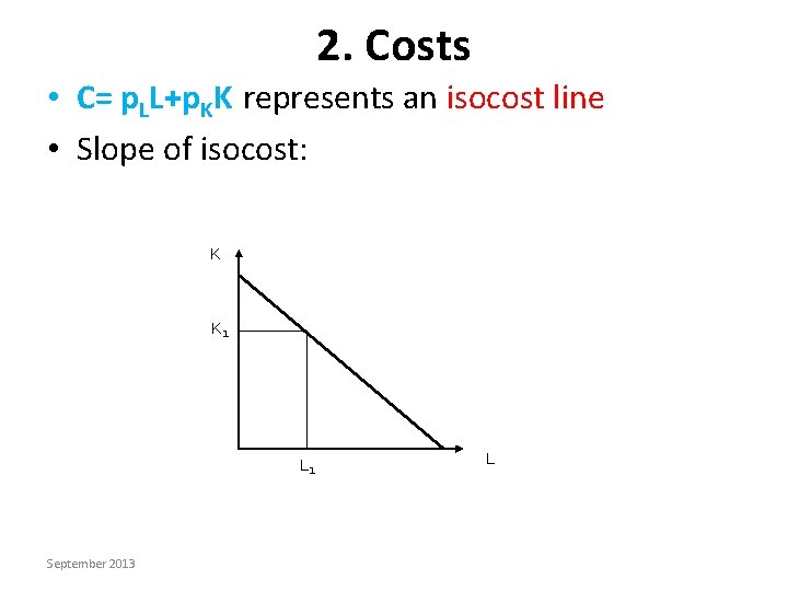 2. Costs • C= p. LL+p. KK represents an isocost line • Slope of