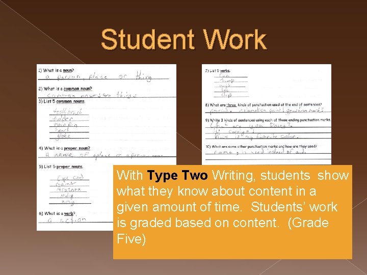 Student Work With Type Two Writing, students show what they know about content in