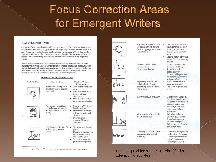 Focus Correction Areas for Emergent Writers Materials provided by Jerry Morris of Collins Education