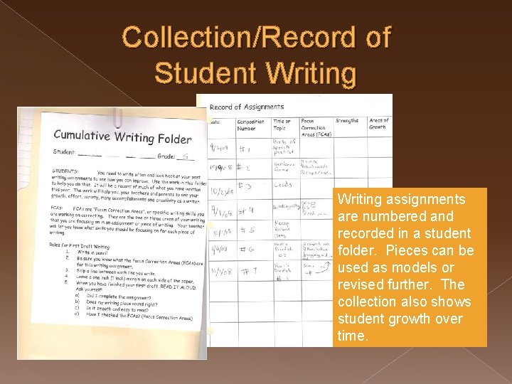 Collection/Record of Student Writing assignments are numbered and recorded in a student folder. Pieces
