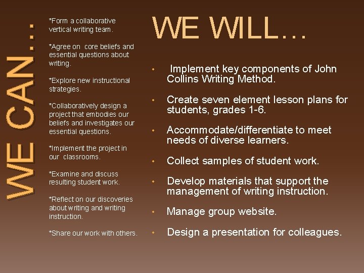 WE CAN… *Form a collaborative vertical writing team. *Agree on core beliefs and essential