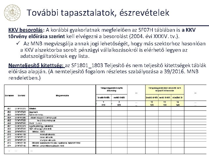 További tapasztalatok, észrevételek KKV besorolás: A korábbi gyakorlatnak megfelelően az SF 07 H táblában