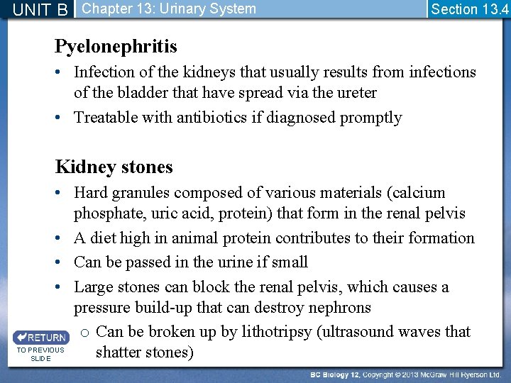 UNIT B Chapter 13: Urinary System Section 13. 4 Pyelonephritis • Infection of the