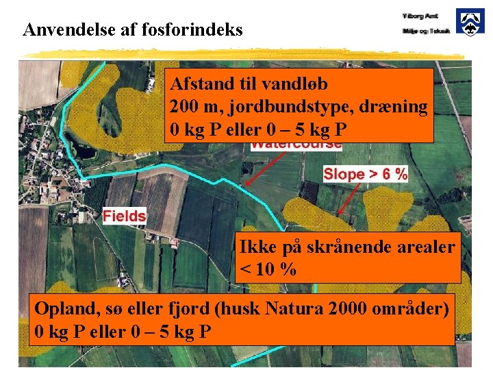 Anvendelse af fosforindeks Afstand til vandløb 200 m, jordbundstype, dræning 0 kg P eller