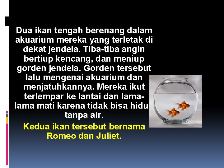 Beginilah cerita lengkapnya… Dua ikan tengah berenang dalam akuarium mereka yang terletak di dekat