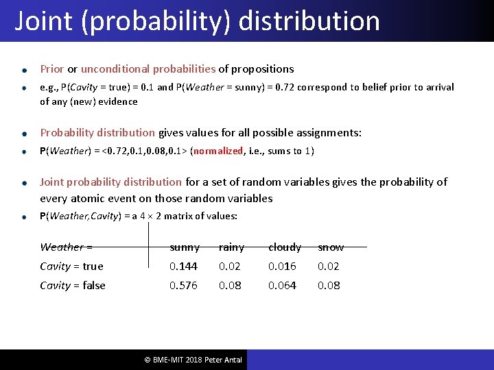 Joint (probability) distribution Prior or unconditional probabilities of propositions e. g. , P(Cavity =