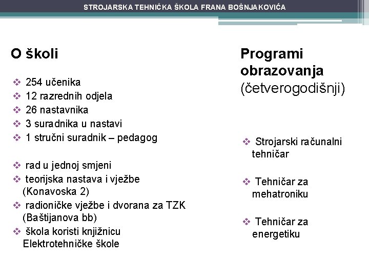 STROJARSKA TEHNIČKA ŠKOLA FRANA BOŠNJAKOVIĆA O školi v v v 254 učenika 12 razrednih