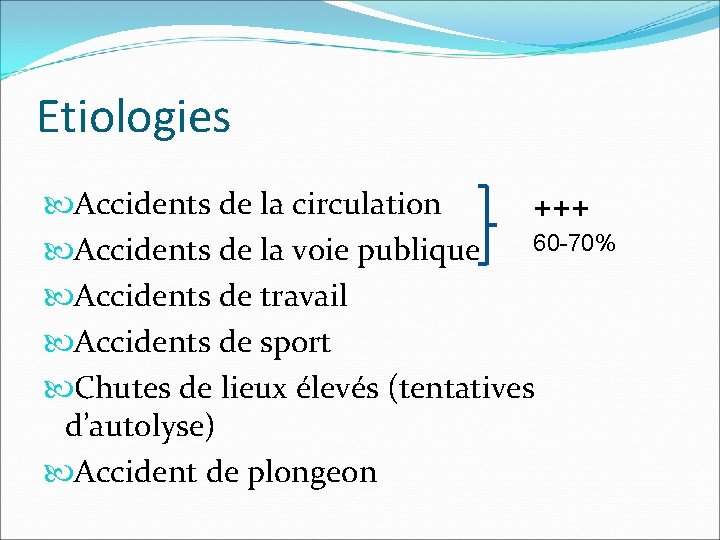 Etiologies Accidents de la circulation +++ 60 -70% Accidents de la voie publique Accidents