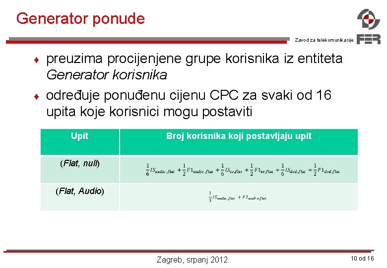 Generator ponude Zavod za telekomunikacije ¨ ¨ preuzima procijenjene grupe korisnika iz entiteta Generator