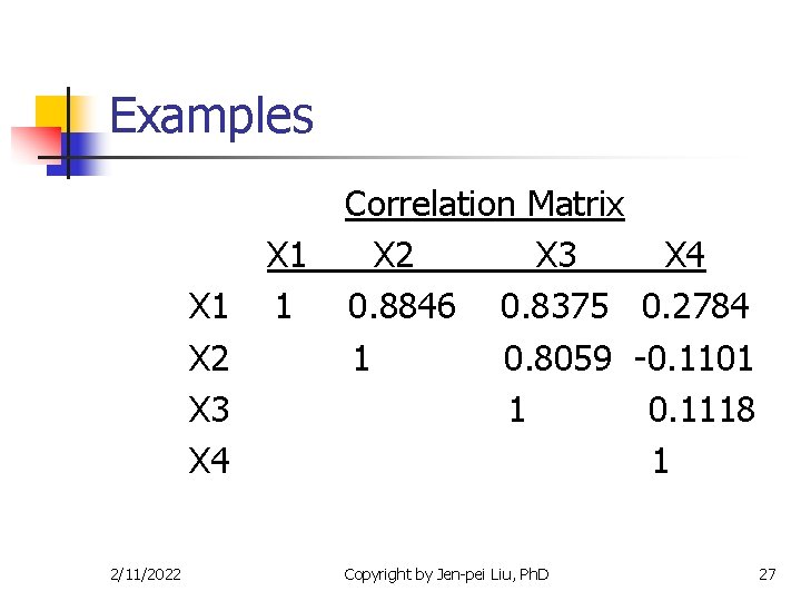 Examples X 1 X 2 X 3 X 4 2/11/2022 X 1 1 Correlation