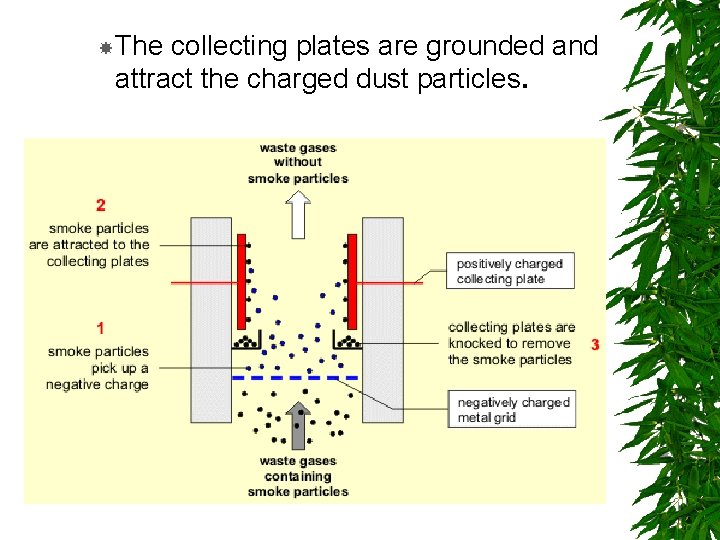  The collecting plates are grounded and attract the charged dust particles. 