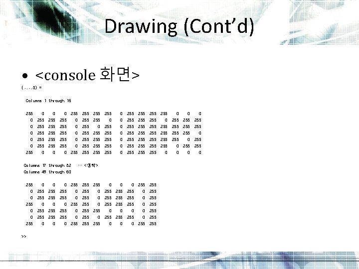 Drawing (Cont’d) • <console 화면> (: , 3) = Columns 1 through 16 255 Drawing (Cont’d) • <console 화면> (: , 3) = Columns 1 through 16 255