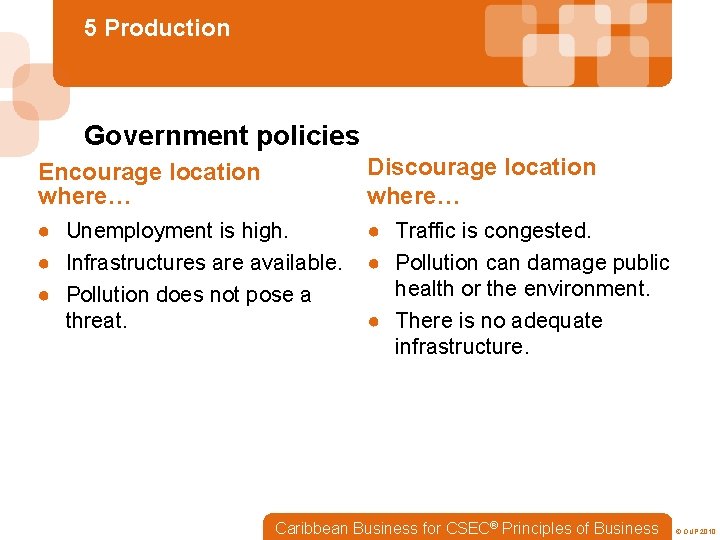 5 Production Government policies Encourage location where… Discourage location where… ● Unemployment is high.