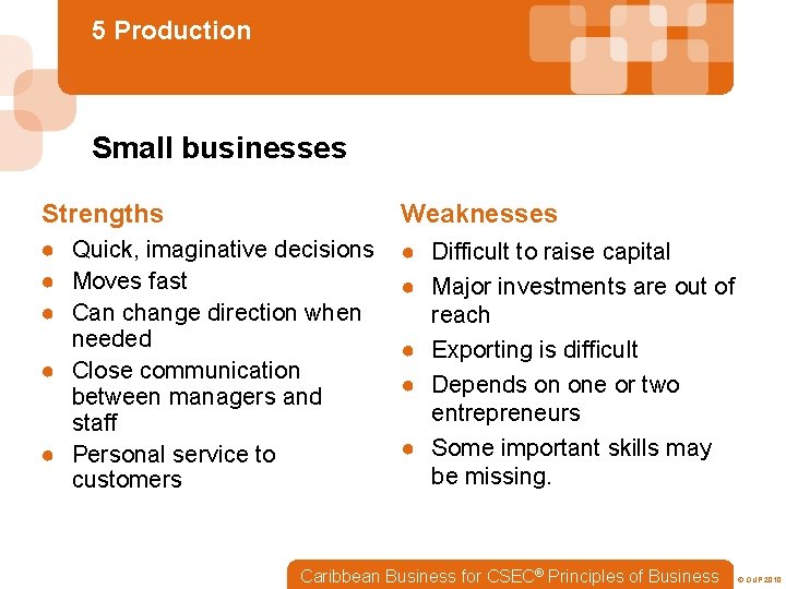 5 Production Small businesses Strengths Weaknesses ● Quick, imaginative decisions ● Moves fast ●
