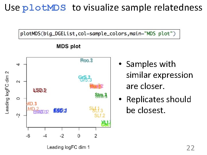 Use plot. MDS to visualize sample relatedness • Samples with similar expression are closer.