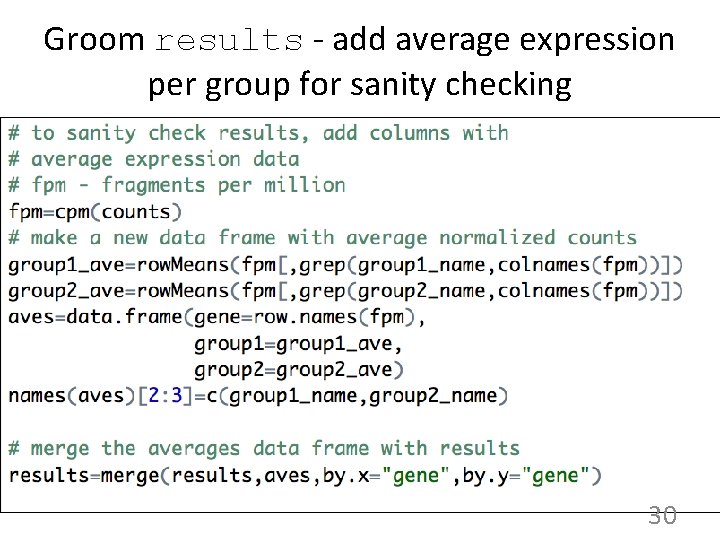 Groom results - add average expression per group for sanity checking 30 