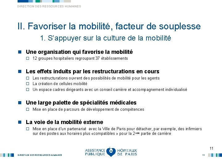 DIRECTION DES RESSOURCES HUMAINES II. Favoriser la mobilité, facteur de souplesse 1. S’appuyer sur