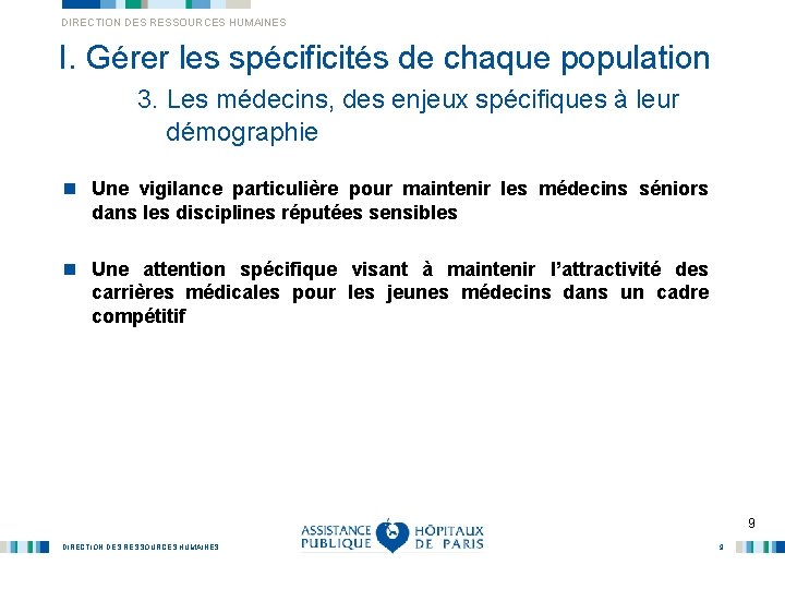 DIRECTION DES RESSOURCES HUMAINES I. Gérer les spécificités de chaque population 3. Les médecins,