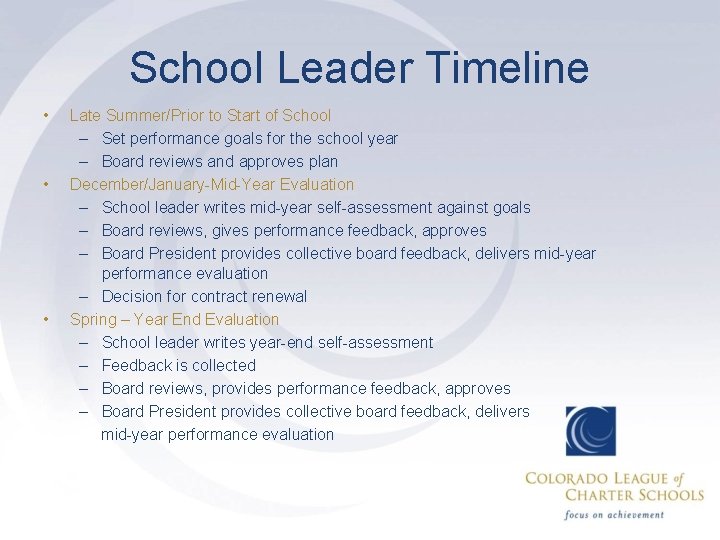 School Leader Timeline • • • Late Summer/Prior to Start of School – Set
