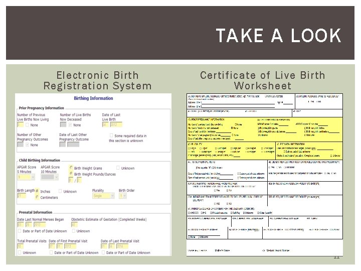 TAKE A LOOK Electronic Birth Registration System Certificate of Live Birth Worksheet 11 