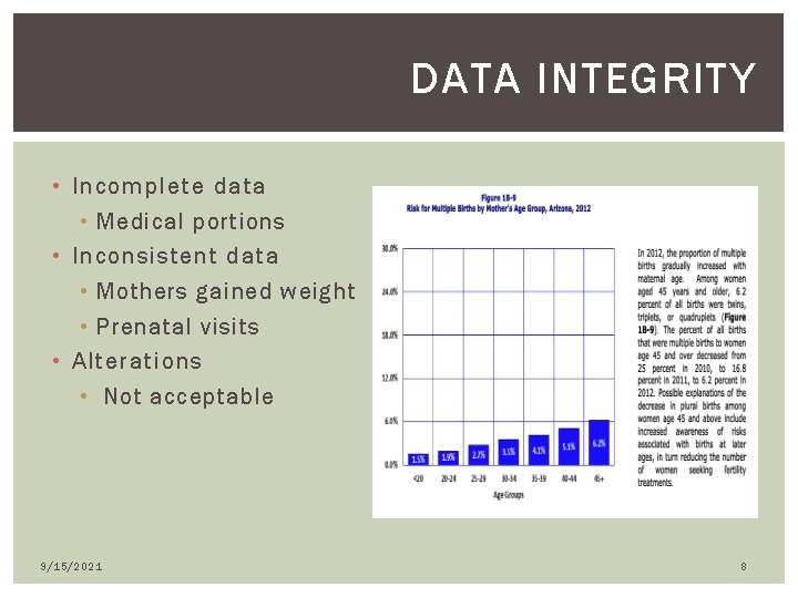 DATA INTEGRITY • Incomplete data • Medical portions • Inconsistent data • Mothers gained