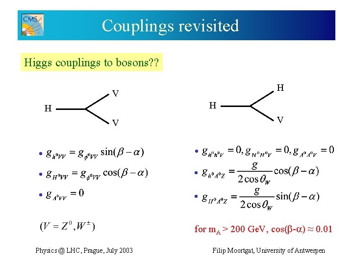 Couplings revisited Higgs couplings to bosons? ? H V H H V V •