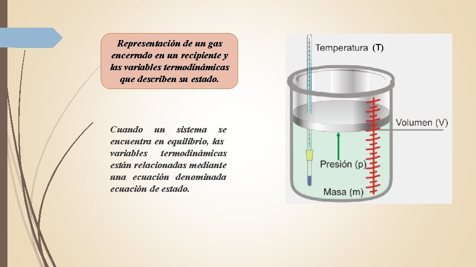 Representación de un gas encerrado en un recipiente y las variables termodinámicas que describen