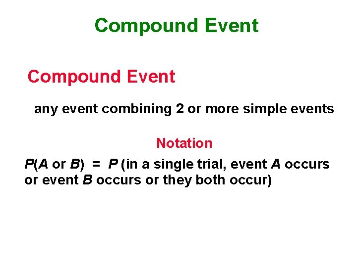 Compound Event any event combining 2 or more simple events Notation P(A or B)