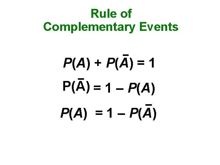 Rule of Complementary Events P(A) + P(A) = 1 – P(A) 