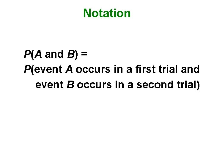 Notation P(A and B) = P(event A occurs in a first trial and event