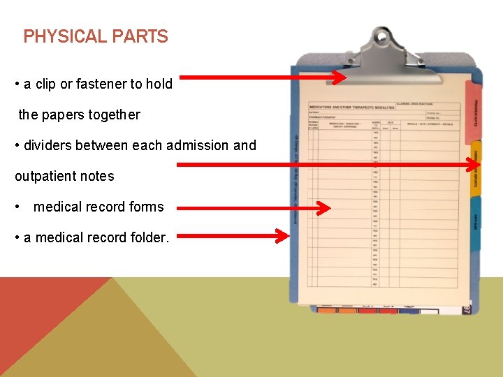 PHYSICAL PARTS • a clip or fastener to hold the papers together • dividers