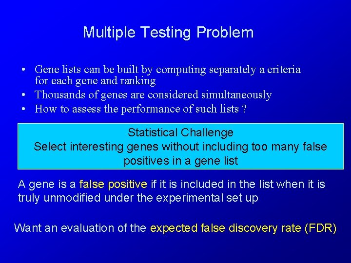 Multiple Testing Problem • Gene lists can be built by computing separately a criteria