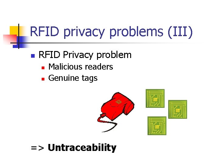 RFID privacy problems (III) n RFID Privacy problem n n Malicious readers Genuine tags