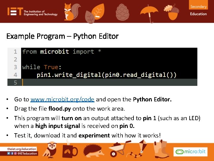 Example Program – Python Editor • Go to www. microbit. org/code and open the