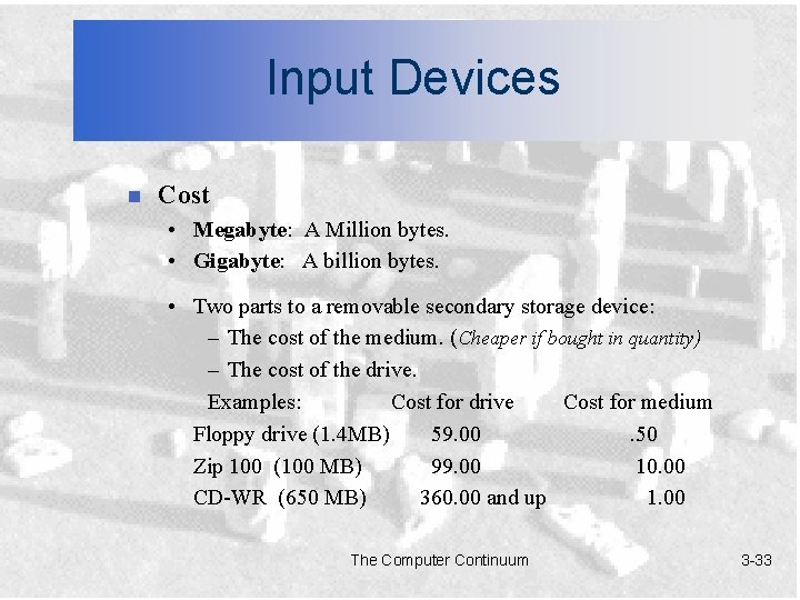 Input Devices n Cost • Megabyte: A Million bytes. • Gigabyte: A billion bytes.