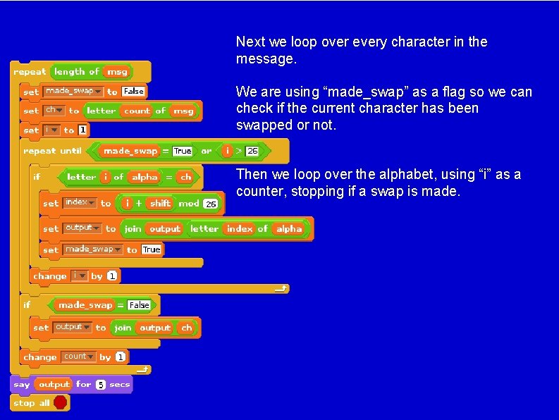 Next we loop over every character in the message. We are using “made_swap” as