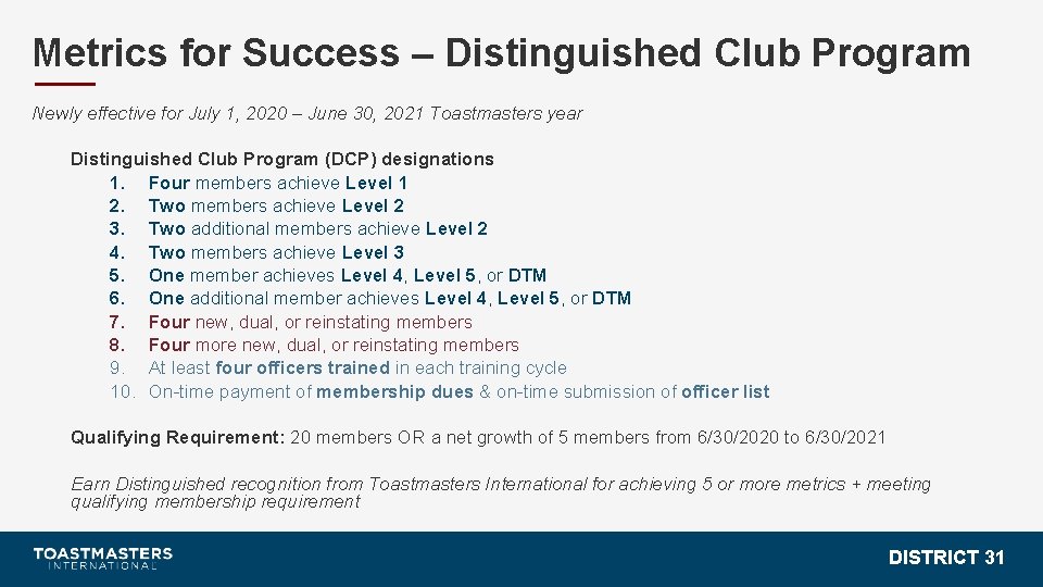 Metrics for Success – Distinguished Club Program Newly effective for July 1, 2020 –