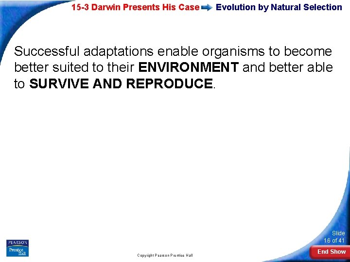 15 -3 Darwin Presents His Case Evolution by Natural Selection Successful adaptations enable organisms