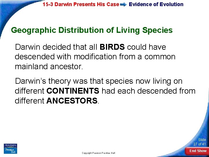 15 -3 Darwin Presents His Case Evidence of Evolution Geographic Distribution of Living Species