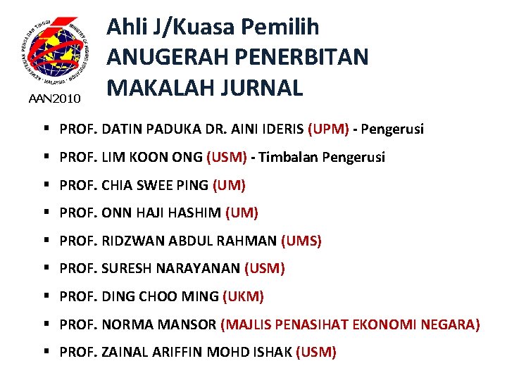 AAN 2010 Ahli J/Kuasa Pemilih ANUGERAH PENERBITAN MAKALAH JURNAL § PROF. DATIN PADUKA DR.