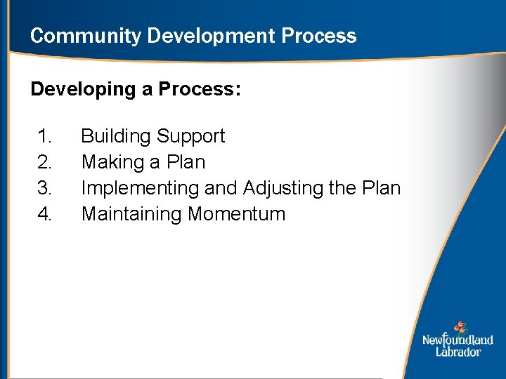 Community Development Process Developing a Process: 1. 2. 3. 4. Building Support Making a