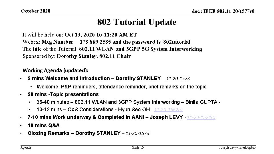 October 2020 doc. : IEEE 802. 11 -20/1577 r 0 802 Tutorial Update It