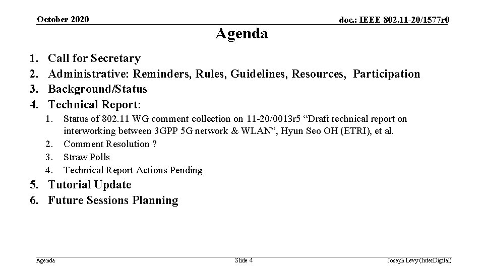 October 2020 Agenda 1. 2. 3. 4. doc. : IEEE 802. 11 -20/1577 r