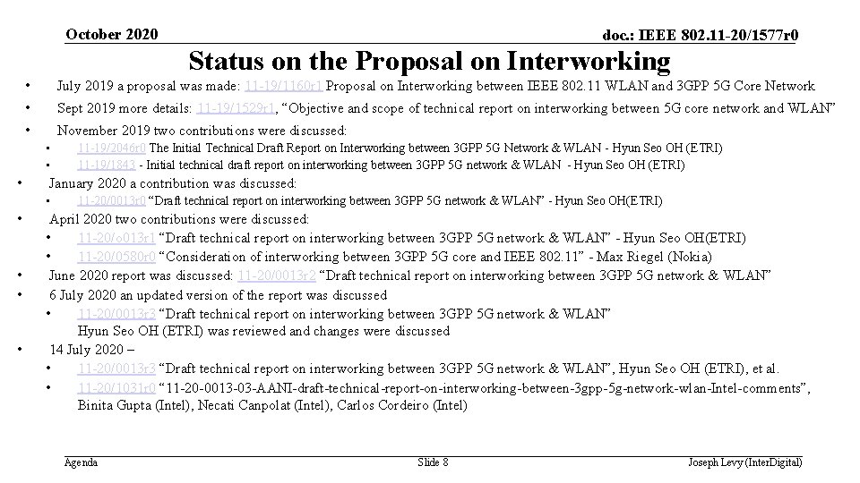 October 2020 doc. : IEEE 802. 11 -20/1577 r 0 Status on the Proposal